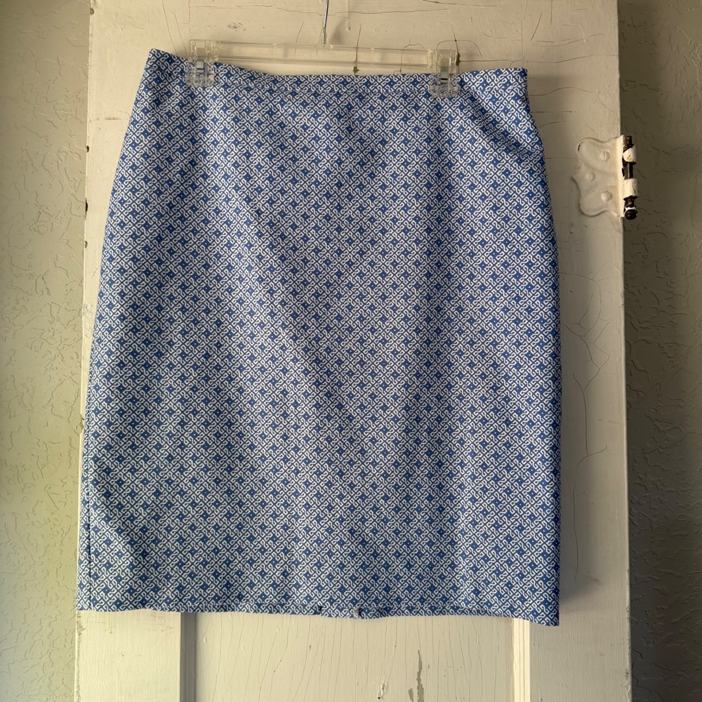Pure Collection Blue White Geometric Cotton Blend Pencil Skirt Size 12 US